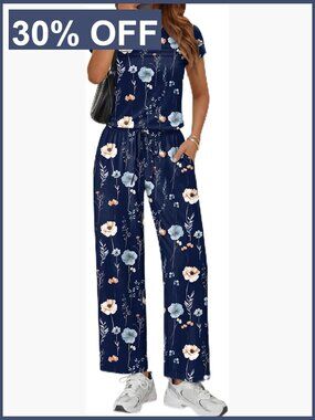 Casual Round Neck Wide Leg Jumpsuit with Pockets